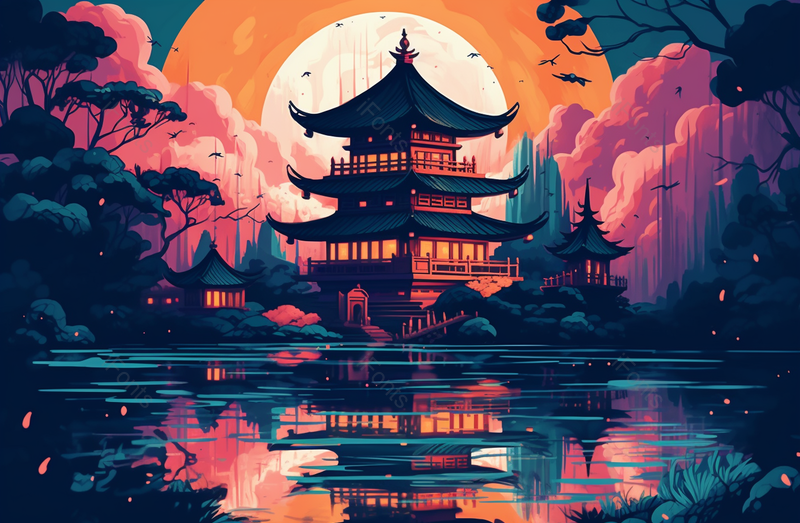 中国风山水凉亭亭台楼阁满月背景的夜空下宁静的湖面插画,插画/手绘图,插画/手绘图库,插画/手绘图下载,插画/手绘